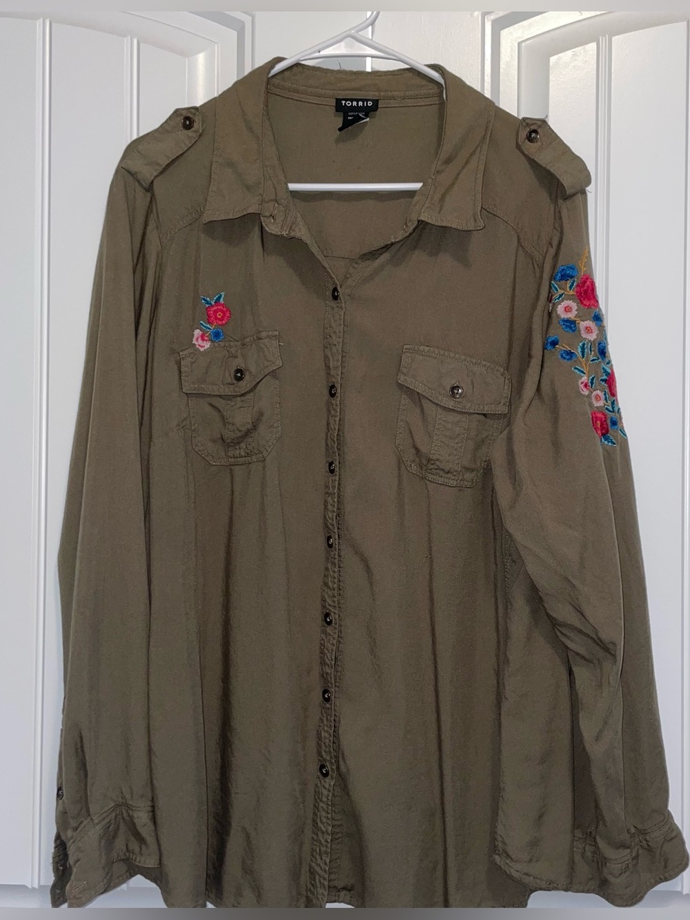 Torrid Olive Embroidered Military Shirt Jacket